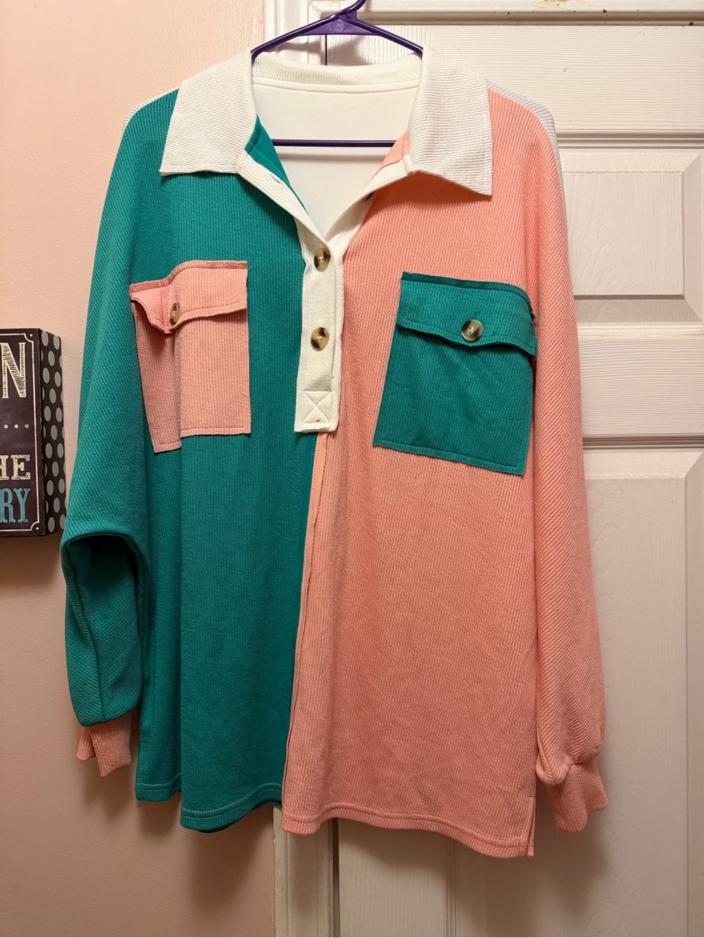 Colorblock Pink and Teal Long-Sleeve Collared